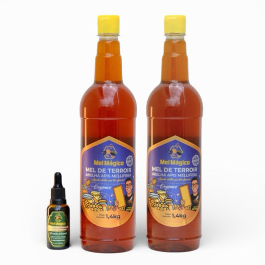 Kit: 2x Mel Puro Garrafa 1,4kg Florada Silvestre  + 1x Extrato Própolis Verde Vidro 30ml - Mel Mágico