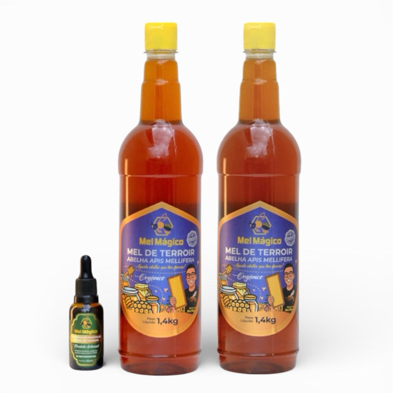 Kit: 2x Mel Puro Garrafa 1,4kg Florada Silvestre  + 1x Extrato Própolis Verde Vidro 30ml - Mel Mágico