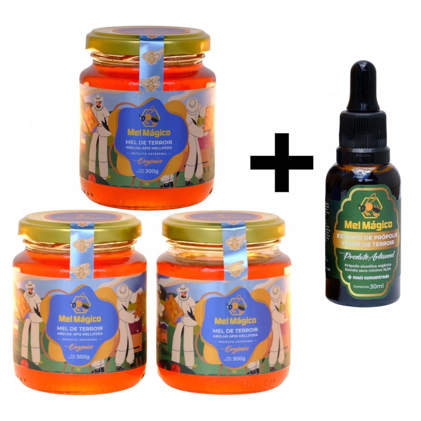 Kit 3un Vidro Redondo 300g + 1un Extrato De Própolis Verde