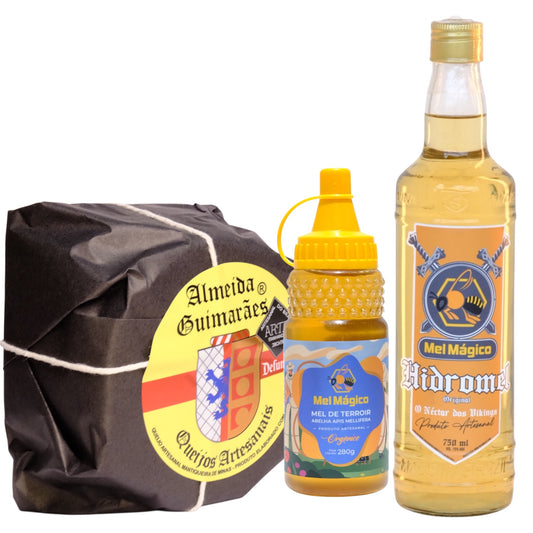 Kit Hidromel 750ML + Queijo Parmesão Defumado 500g + Mel Puro Bisnaga 280g