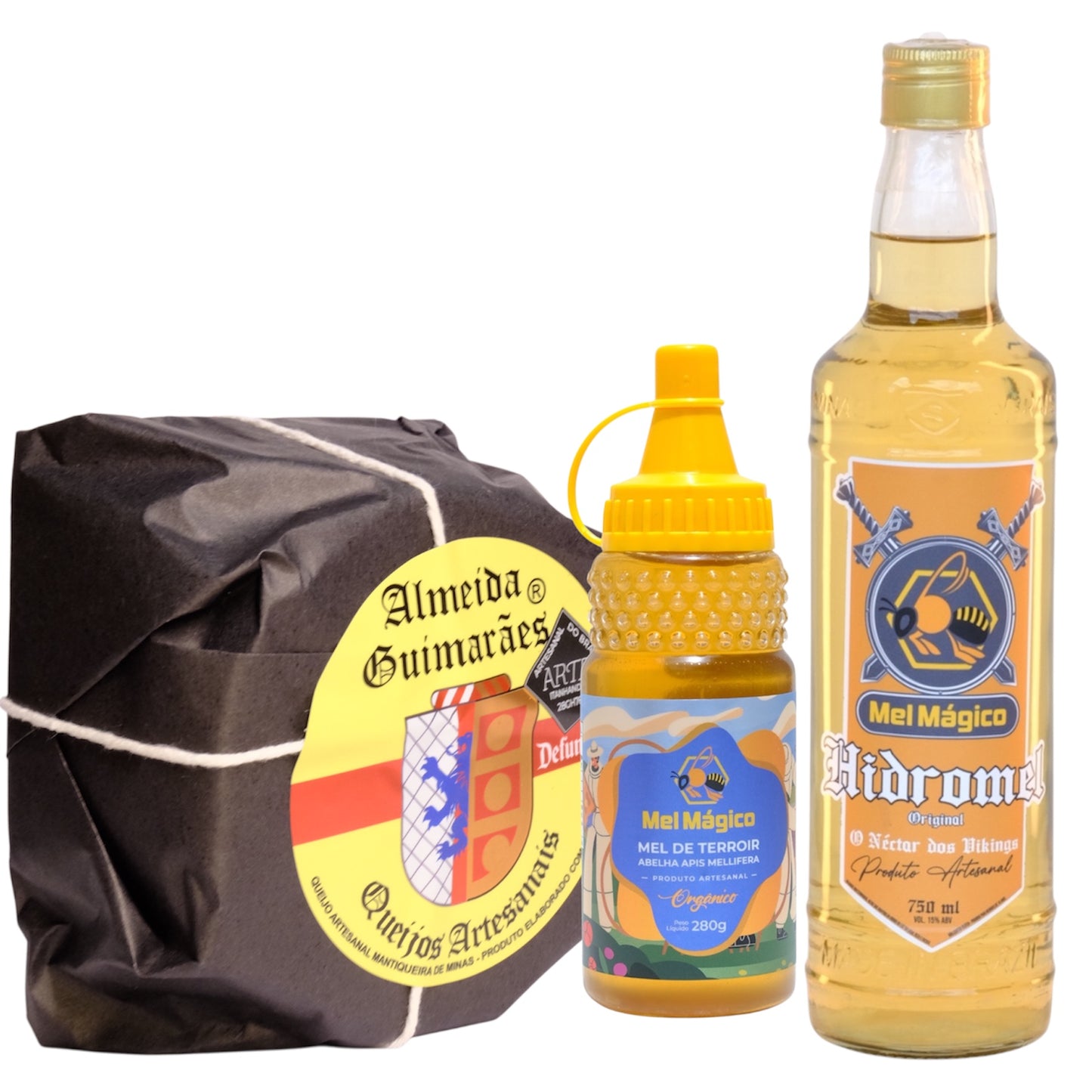 Kit Hidromel 750ML + Queijo Parmesão Defumado 500g + Mel Puro Bisnaga 280g